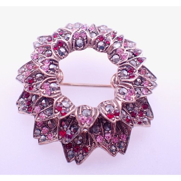 Jewelry - Three Dimensional Les Bernard Gold Plated Pink Rhinestone and Marcasite Flower